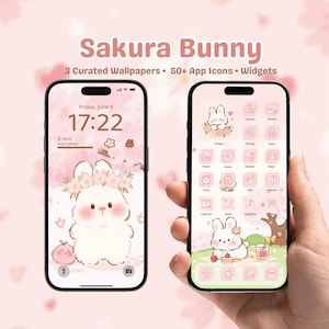 Tema iOS Sakura Bunny: sfondi carini con fiori di ciliegio, icone di app e widget estetici per la primavera / Tema iPhone rosa kawaii