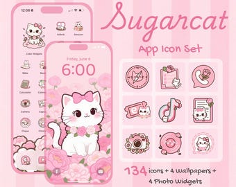 App Icons für iOS & Android | Rosa Kawaii Katzen Themenpaket | 134 süße Icons + 4 Wallpapers + 4 Widgets | Ästhetisches iPhone Icon Set