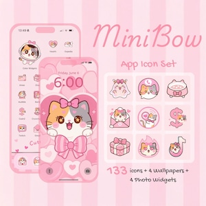 Iconos de aplicaciones para iOS y Android / Paquete de temas de gato kawaii rosa y azul / Más de 130 iconos lindos + 4 fondos de pantalla + 4 widgets / Conjunto de iconos estéticos para iPhone