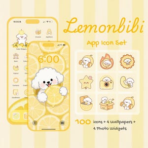 App Icons for iOS & Android | Kawaii Lemon Puppy Icon Pack | 100 Aesthetic Icons + 4 Wallpapers + 4 Widgets | Cute Yellow iPhone Theme