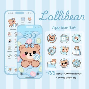 Può includere: Uno schermo di telefono azzurro mostra un simpatico orsetto con un fiocco blu e un lecca-lecca, parte del set di icone dell'app "Lollibear". Il set include 133 icone, 4 sfondi e 4 widget fotografici. Sono visibili altre icone.