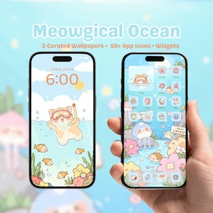 Tema iPhone Meowgical Ocean • Sfondo subacqueo carino + pacchetto icone + widget • Estetica estiva Island Luxe • Download digitale