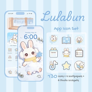 May include: A digital illustration in light blue, showcasing a phone screen with a bunny theme. The phone displays app icons, a snowy scene, and the text "Lulabun App Icon Set". The set includes 130 icons, 4 wallpapers, and 8 photo widgets.