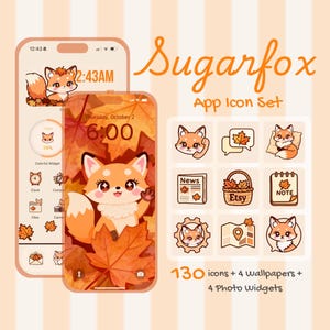Könnte beinhalten: Ein digitales App-Icon-Set mit einem niedlichen Fuchsmotiv, das orange und weiße Füchse, Herbstblätter und verschiedene App-Icons zeigt. Das Set enthält 130 Icons, 4 Hintergrundbilder und 4 Foto-Widgets. Der Text "Sugarfox" und "App Icon Set" sind zu sehen.