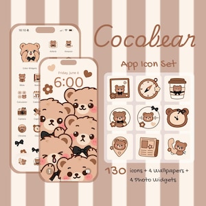 May include: A digital app icon set with a cute bear theme. The set includes 130 icons, 4 wallpapers, and 4 photo widgets. The icons and wallpapers feature adorable brown bears with bow ties. The background is a light brown color with vertical stripes.