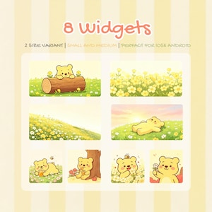 K&ouml;nnte beinhalten: Grafik eines digitalen Produkts mit acht Widgets zum Thema gelber B&auml;r. Der Text "8 Widgets" wird oben angezeigt. Die Widgets enthalten Illustrationen eines B&auml;ren mit Blumen, einem Baumstamm und einem Honigtopf. Der Text "2 SIZE VARIANT | SMALL AND MEDIUM | PERFECT FOR IOS & ANDROID" wird ebenfalls angezeigt.