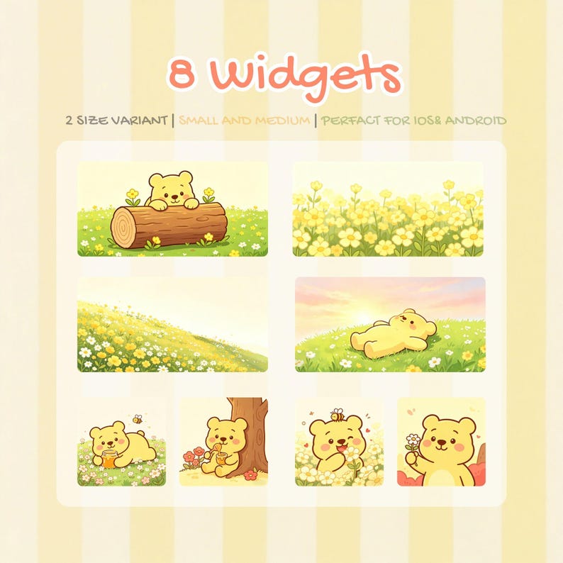 K&ouml;nnte beinhalten: Grafik eines digitalen Produkts mit acht Widgets zum Thema gelber B&auml;r. Der Text "8 Widgets" wird oben angezeigt. Die Widgets enthalten Illustrationen eines B&auml;ren mit Blumen, einem Baumstamm und einem Honigtopf. Der Text "2 SIZE VARIANT | SMALL AND MEDIUM | PERFECT FOR IOS & ANDROID" wird ebenfalls angezeigt.