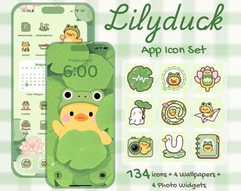 App Icons für iOS & Android | Kawaii Grüne Ente Themenpaket | 134 süße Icons + 4 Wallpapers + 4 Widgets | Ästhetisches iPhone Icon Set