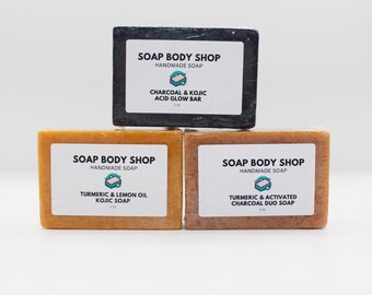 Handmade Turmeric & Charcoal Soap Set: Kojic Acid, Essential Oils, Goat's Milk