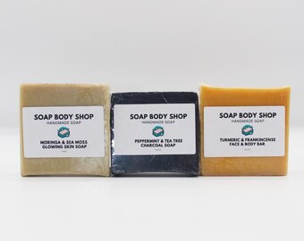 Handmade Goat Milk Soap Set: Moringa, Turmeric, Charcoal - Essential Oils
