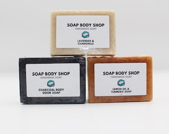 Handmade Soap Set: Lavender Chamomile, Charcoal Tea Tree, Turmeric Lemon, Essential Oils