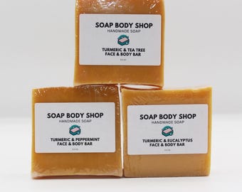Jabón de cúrcuma artesanal: árbol de té, menta y eucalipto (barras de 100 g)