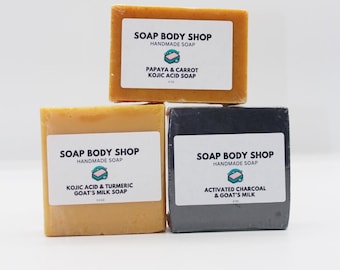 Unscented Handmade Soap Set: Kojic, Turmeric, Charcoal & Goat's Milk