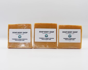 Handmade Turmeric Soap Set: Bergamot, Rose, Sweet Orange - Goat's Milk