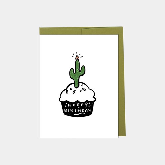 Carte De Joyeux Anniversaire Cactus Cactus Bougie Cupcake Etsy