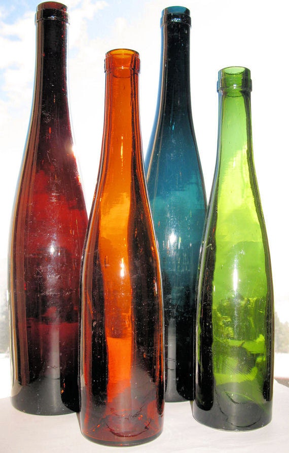 Set of 4 Truly Antique COLORFUL HOCK WINE bottles. All Etsy