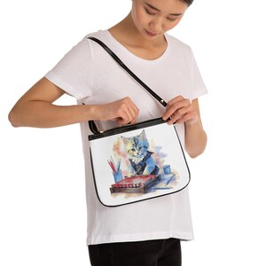 Bolsa de ombro pequena de gato artístico, bolsa de gato fofa, presente para amantes de gatos, bolsa de aquarela, acessórios de arte exclusivos