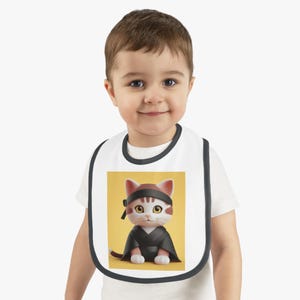 Ninja Cat Baby Bib - Adorable Contrast Trim Jersey, Cute Gift for New Parents, Baby Shower, Toddler Essentials, Fun Mealtime Accessory