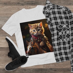 Whimsical Cat Rider Men's V-Neck Tee, Fun T-Shirt for Cat Lovers, Unique Gift, Summer Style, Novelty Tee for Birthdays, Pet Owners