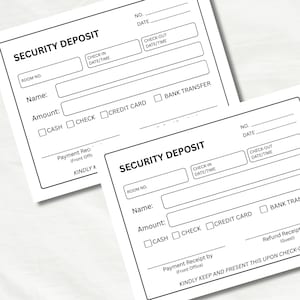 Puede incluir: Dos formularios de depósito de seguridad blancos con texto negro. Cada formulario incluye campos para el número de habitación, el nombre, el importe y los métodos de pago como efectivo, cheque y tarjeta de crédito. Los formularios también tienen secciones para las horas de entrada y salida.