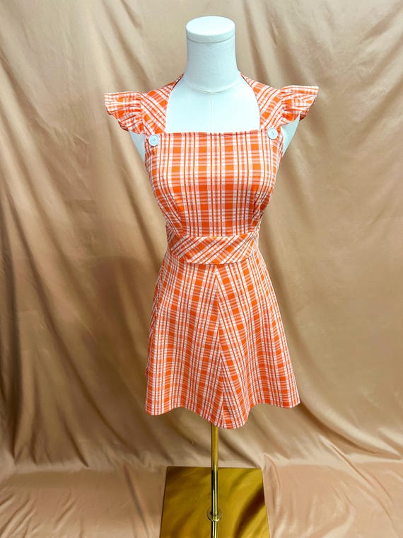 Vintage 1970s Bright Orange Plaid Mini Dress - Xs Vintage 1970s Bright Orange Plaid Mini Dress - Xs