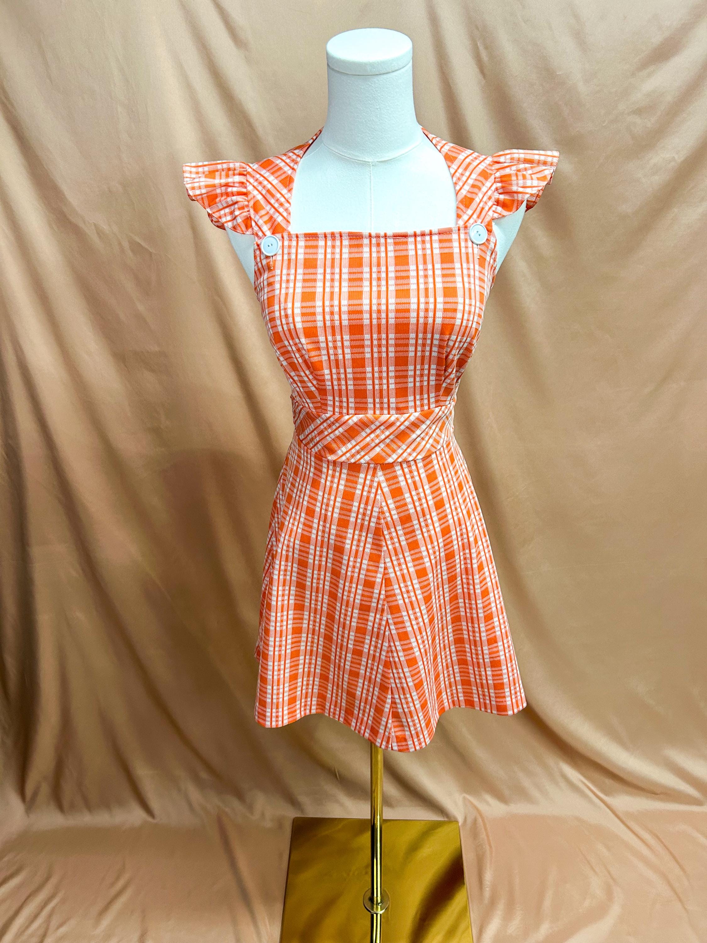 Vintage 1970s Bright Orange Plaid Mini Dress - Xs