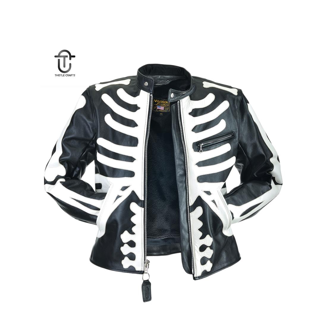 ハンドメイドVansonスケルトンレザーバイカージャケット：牛革アウター
