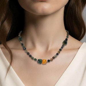 Collar de ágata india natural - Cuentas facetadas y cubos verdes/marrones - Diseño único - Empaque de regalo incluido - Estilo auténtico