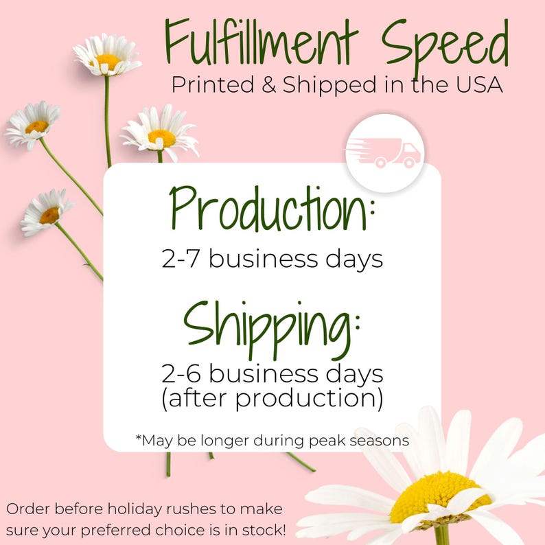 The image is a promotional graphic for a company that ships flowers, specifically daisies. It features a pink background with white daisies and text providing information about the company's fulfillment speed and shipping options.