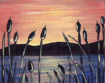 Sunset Cattails -  Acrylic Seascape Painting