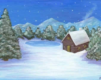 Snowy Cabin- Acrylic Landscape Painting