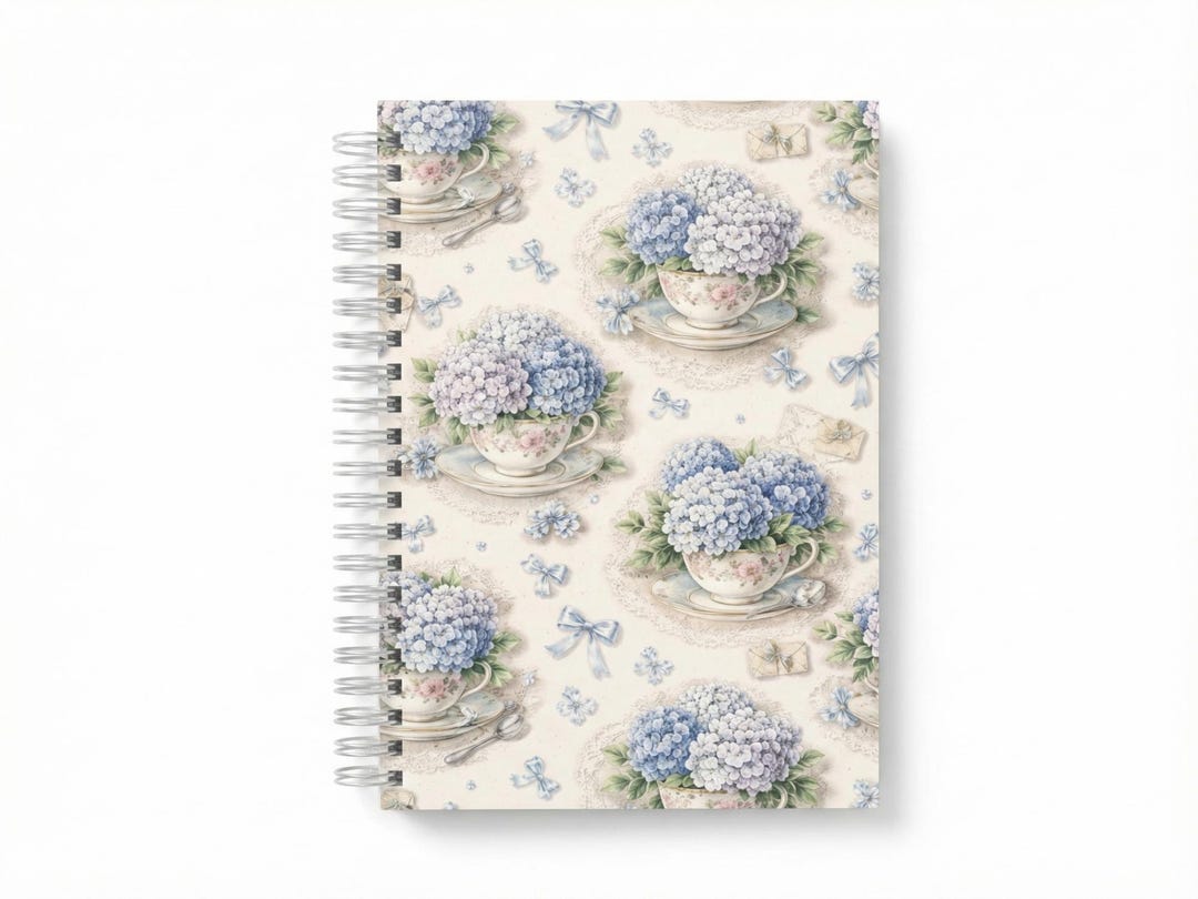 Hydrangea Floral Spiral Notebook Teacup Journal Gift Vintage Blue ...