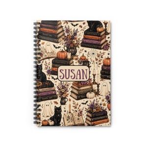 Personalized Halloween Books & Cats Notebook | Spiral Ruled Journal