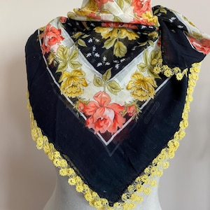 Vintage Black Floral Headscarf – Handmade Cotton Yazma with Crochet Lace Border