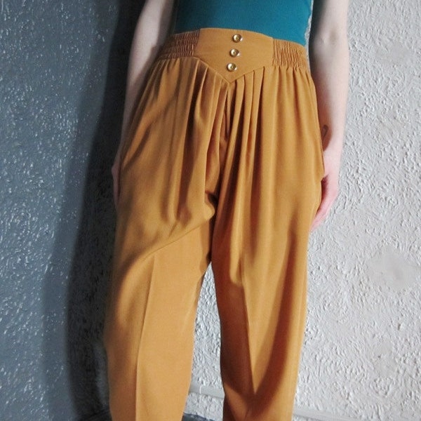 Vtg 80s High Waisted Stretchy Parachute Harem Pants Brown/Gold S/M