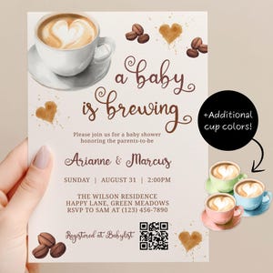 Inbjudan till babyshower med QR-kod: Kaffetema, könsneutral, redigerbar inbjudningsmall, pojke eller flicka, digital - BS80