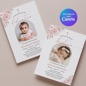 Bearbeitbare Baby Widmung Einladung Mädchen mit Foto-Upload: Rosa Blumenvorlage, digitale Taufkarte, sofortiger Download - RC18