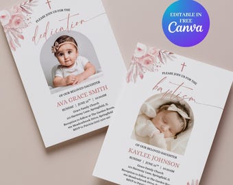 Editable Baby Dedication Invitation Girl With Photo Upload: Pink Floral Template, Digital Christening Card, Instant Download - RC18