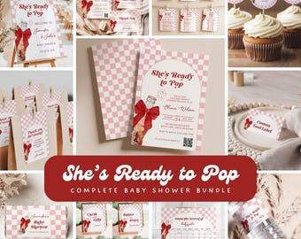 Zestaw na baby shower She's Ready to Pop, komplet dla dziewczynki w kolorze różowym, edytowalny zestaw zaproszeń, gry na baby shower, tabliczka powitalna, etykieta na upominek - BS103