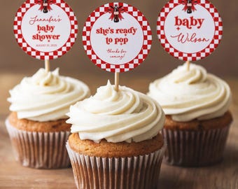 Topo de cupcake, tema "Ela está pronta para estourar refrigerante", adesivos fofos para chá de bebê, etiquetas de agradecimento editáveis, decoração para chá de bebê BS21