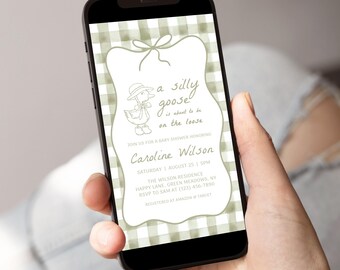 Invito per baby shower digitale con motivo a quadretti verde salvia e oche buffe, invito con fiocco e oche civettuole, invito modificabile per baby shower per bambina o bambino - BS30