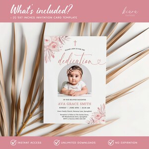 May include: A dedication invitation card template, 5x7 inches, featuring a baby's photo, floral accents, and event details. The card includes the text "dedication" and "Ava Grace Smith". The design is in soft pink and white tones.