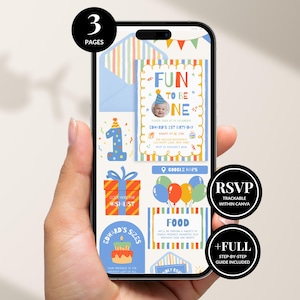 Invito per il primo compleanno "It's Fun To Be One" con link RSVP tracciabile, invito interattivo e colorato per bambino con testo Canva e modello Evite - BS146