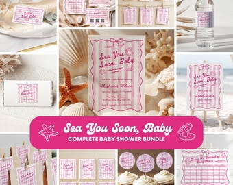 Sea You Soon Baby Shower Bundle, Coastal Editable Invitations, Games & Decor for Beach Theme Party, Seashell Baby Shower Set Canva - BS62c