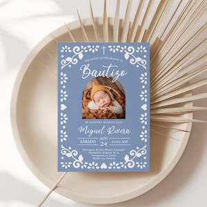 Cielito Lindo Baptism Invitation Blue Spanish, With Photo, Editable Template, Mexican Theme, Papel Picado, Boy Bautizo Invite - RC17