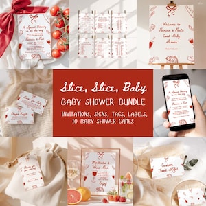 Slice Slice Baby, Pizza Baby Shower Bundle, Editable Invitation Set, Baby Shower Games, Welcome Sign, Favor Tag, Bar Sign, Food Label BS11b