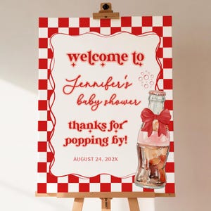 Panneau de bienvenue pour baby shower elle est prête à éclater, baby shower fille ou garçon, modèle modifiable, décoration soda baby shower - BS32