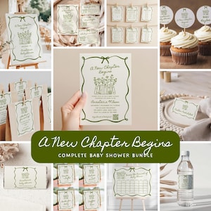 May include: A baby shower bundle in green and white, featuring the text "A New Chapter Begins". The set includes invitations, thank you cards, cupcake toppers, and a calendar. The design incorporates floral and book motifs.