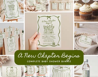 A New Chapter Begins Baby Shower Bundle: Editable Invitation Set, Baby Shower Games, Welcome Sign, Favor Tag, Table Signs, Food Label BS92D
