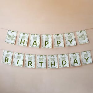May include: A festive banner spelling out "HAPPY BIRTHDAY" in green letters. Each flag has a green floral design and a green bow. The flags are white with vertical stripes and are strung on a thin string.